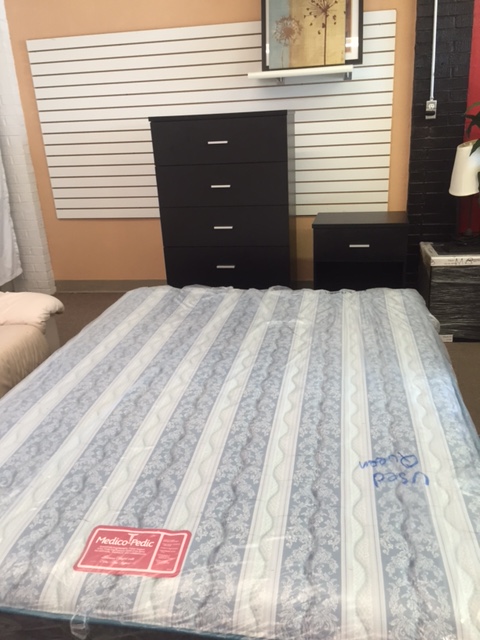 Gently used queen bedroom set. Comes with 5-drawer chest and matching nightstand and queen mattress set with metal frame only $299. Available in full size for only $269