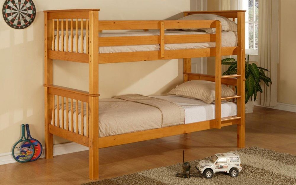 wooden bunk beds with mattresses